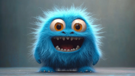 Funny blue monster with big eyes on dark background. 3d illustrationの素材