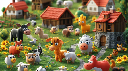 Funny farm animals on the green meadow. 3d illustrationの素材