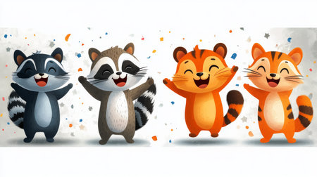 cartoon scene with happy raccoons on white background - illustration for childrenの素材