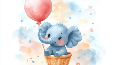 Cute baby elephant in a waffle cone with a red balloonの素材