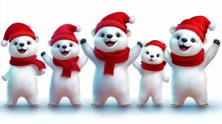3d rendering of a group of polar bears wearing red hats and scarvesの素材