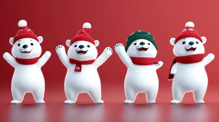 3d render of polar bears in winter clothes on red background.の素材