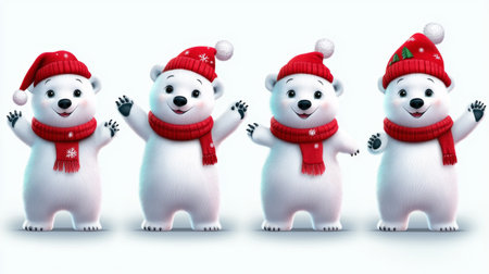 3d render of cute polar bears wearing red hats and scarvesの素材