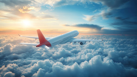 Airplane flying above the clouds at sunset. 3D Renderingの素材