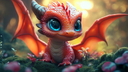 Fantasy scene with cute red dragon on green moss. 3d illustrationの素材