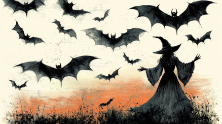 Halloween background with flying bats and witch in the orange sky.の素材
