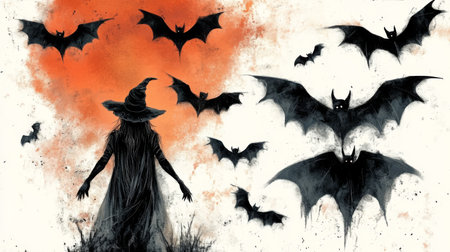 Halloween background with flying bats and witch on grunge background.の素材
