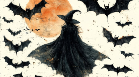 Halloween background with black witch and bats. Grunge style.の素材
