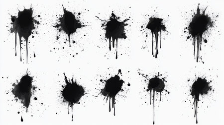 Set of black ink splashes isolated on white background. Grunge illustration.の素材