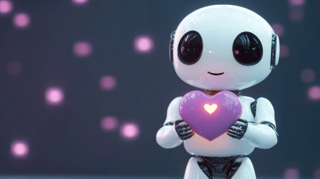 Robot holding heart on bokeh background, Valentine's day conceptの素材