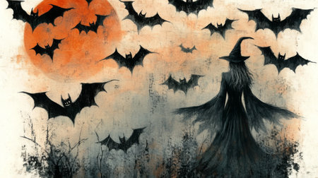 Halloween background with flying bats and witch on grunge background.の素材