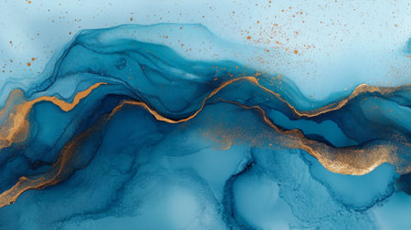 Blue and gold abstract background of marble liquid ink art painting on paper. Image of original artwork watercolor alcohol ink paint on high quality paper texture.の素材