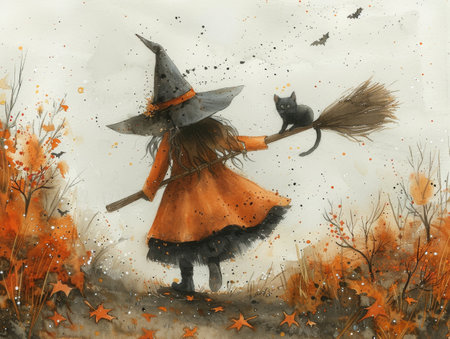 Halloween witch with broom and cat. Hand drawn watercolor illustrationの素材