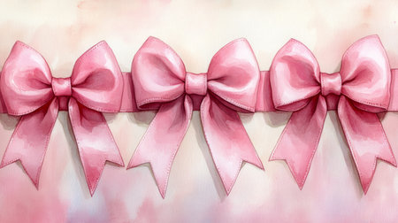 Watercolor pink bow on watercolor background. Hand painted illustration.の素材
