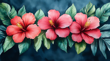Red hibiscus flowers with green leaves on dark background.の素材