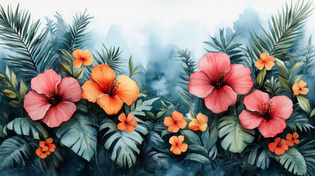 Watercolor painting of tropical flowers and leaves on watercolor background.の素材