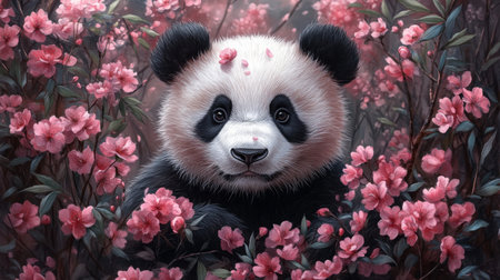 Cute panda bear with flowers in the forest. Digital painting.の素材