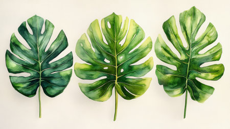 Watercolor monstera leaves on white background. Hand drawn illustration.の素材