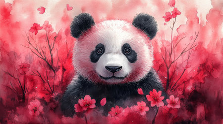 Watercolor painting of a cute panda bear with red flowers.の素材