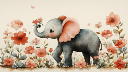 Watercolor painting of cute elephant with flowers. Hand drawn illustration.の素材