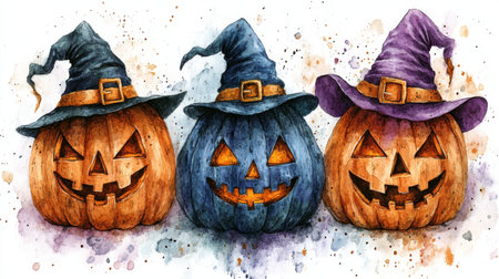 Three pumpkins in witch hats. Halloween illustration. Watercolor backgroundの素材
