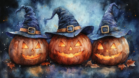 Halloween pumpkins with witch hats on dark background. Watercolor illustrationの素材