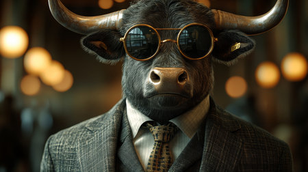 Portrait of a bull in a suit and glasses. Toned.の素材