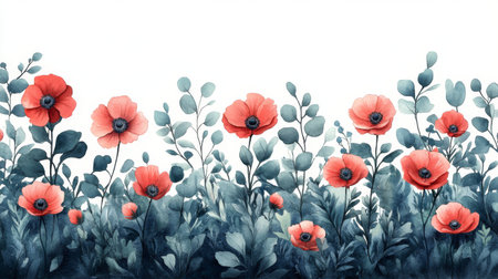 Red poppies on a white background. Watercolor illustration.の素材