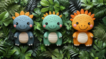 Cute dinosaurs made of plasticine on green leaves background, top viewの素材