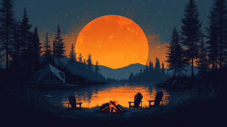 Camping on the lake at sunset. 3d render illustration.の素材