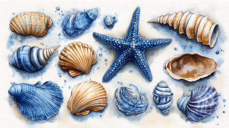 Set of watercolor sea shells and starfish. Hand drawn illustrationの素材