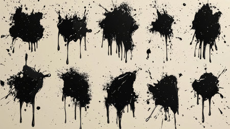 Set of black ink splashes on beige background. Vector illustration.の素材