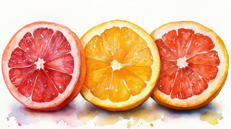 Slices of orange and grapefruit on a white background.の素材