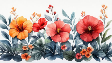 Watercolor illustration of bright red and orange hibiscus flowers.の素材