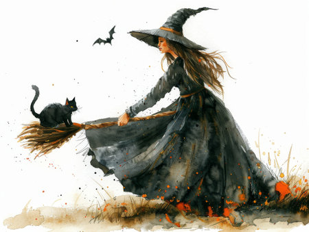 Halloween witch with broom and black cat. Digital watercolor paintingの素材