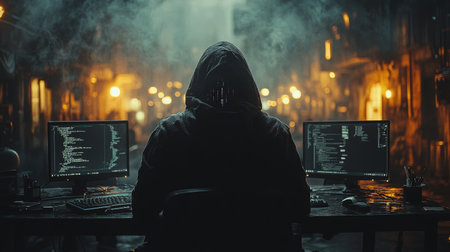 Hooded hacker in a dark room with computer monitors. Cybercrime concept.の素材