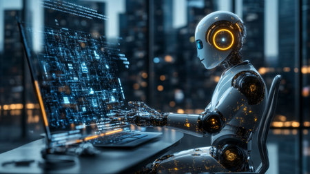 Robot humanoid working on laptop computer in dark office 3D renderingの素材