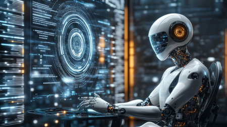 Robot humanoid working on laptop computer with binary code hologram 3D renderingの素材