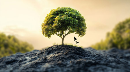 Conceptual image of a tree growing on the ground and flying birdの素材