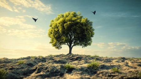 Tree on the sand with birds flying in the background. 3d renderingの素材