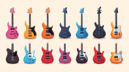 Colorful electric guitars set isolated on white background. Vector illustration.の素材