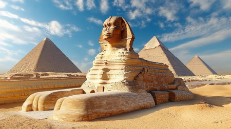 The Great Sphinx of Giza and the Pyramid of Khafre in Cairo, Egyptの素材