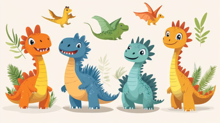 Cute cartoon dinosaurs set. Vector illustration of cute dinosaurs collection.の素材