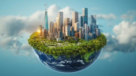 Eco city concept. 3D illustration. Elements of this image furnished by NASAの素材