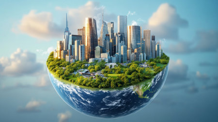Earth planet with modern city on the background. Elements of this image furnished by NASAの素材