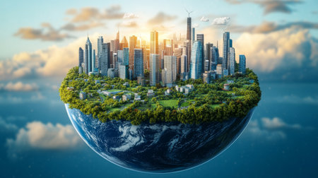 Modern city on planet Earth. 3D rendering. Elements of this image furnished by NASAの素材