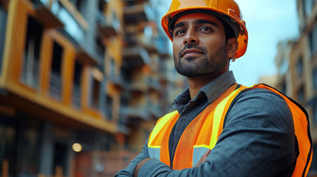 Portrait of serious male worker in hardhat standing with arms crossed on construction site backgroundの素材