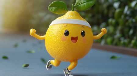 Funny lemon character running and smiling. 3d render illustration.の素材