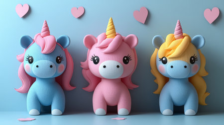 3d rendering of cute unicorns in pastel colors on blue backgroundの素材