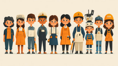 Group of children in different professions. Vector illustration in retro style.の素材